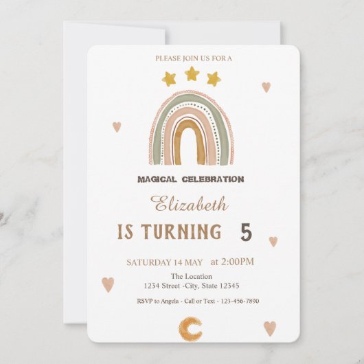 ウォーターカラーレインボーズスターズハート誕生日 招待状 (正面)