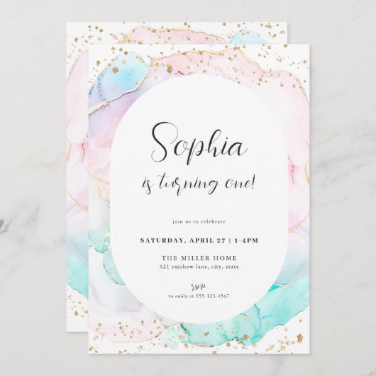 ウォーターカラーレインボーパステル金ゴールド誕生日招待状 招待状 (正面/裏面)