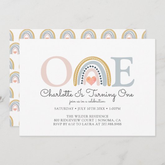 ウォーターカラーレインボーファースト誕生日 招待状 (正面/裏面)
