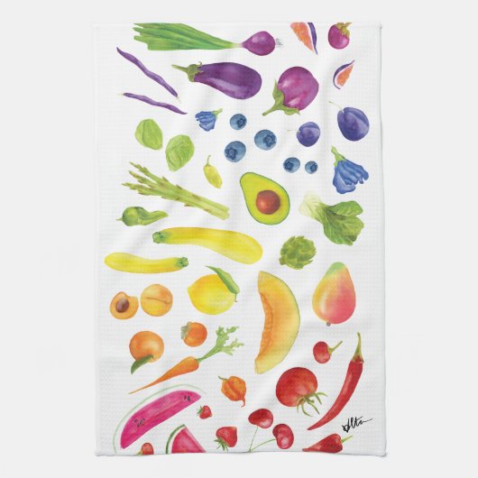 ウォーターカラーレインボーベジアットホテル農家マーケットキッチ キッチンタオル (縦)