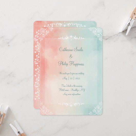 ウォーターカラーレインボーミニマリスト結婚式招待状 招待状 (正面/裏面インサイチュ)