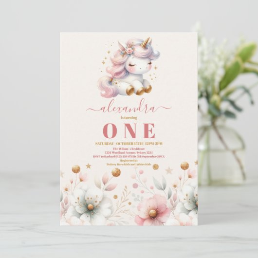 ウォーターカラーレインボーユニコーン誕生日招待状1st 招待状 (スタンド正面)