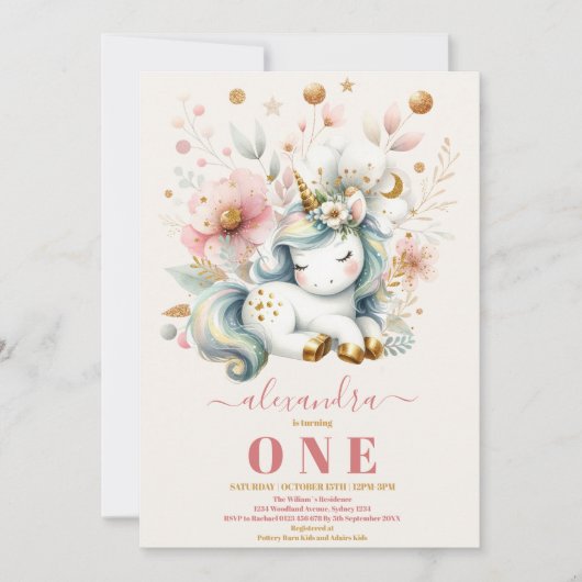 ウォーターカラーレインボーユニコーン誕生日招待状1st 招待状 (正面)