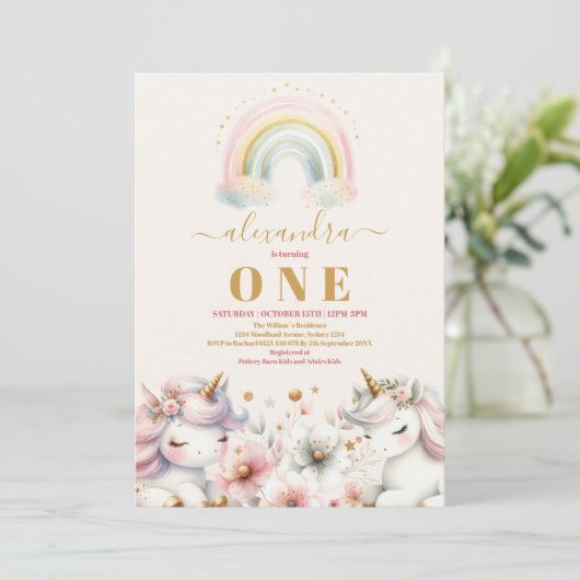 ウォーターカラーレインボーユニコーン誕生日招待状1st 招待状 (スタンド正面)