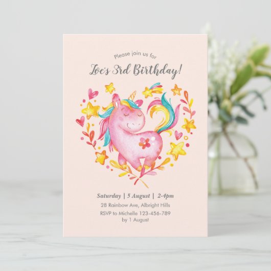 ウォーターカラーレインボーユニコーン誕生日招待状 招待状 (スタンド正面)