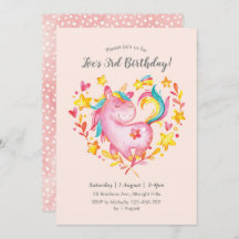 ウォーターカラーレインボーユニコーン誕生日招待状