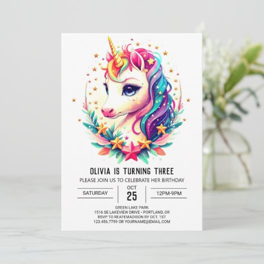 ウォーターカラーレインボーユニコーン誕生日 招待状 (スタンド正面)