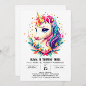 ウォーターカラーレインボーユニコーン誕生日 招待状 (正面/裏面)