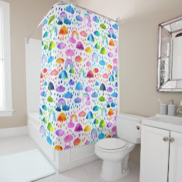 ウォーターカラーレインボー傘雨の日の女の子 シャワーカーテン