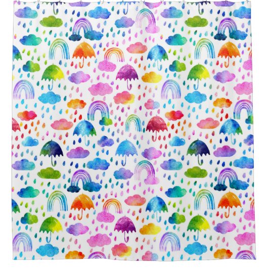 ウォーターカラーレインボー傘雨の日の女の子 シャワーカーテン (正面)