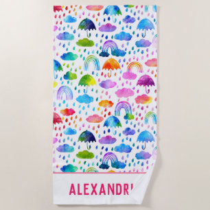 ウォーターカラーレインボー傘雨の日の女の子 ビーチタオル
