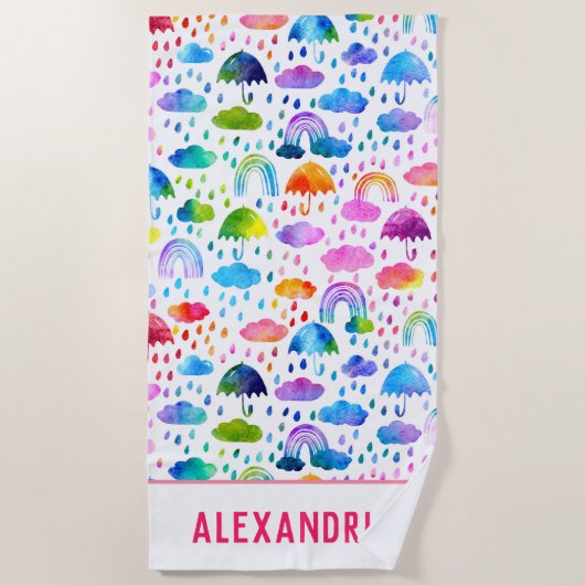 ウォーターカラーレインボー傘雨の日の女の子 ビーチタオル (正面)