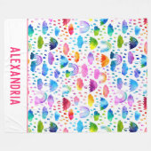 ウォーターカラーレインボー傘雨の日の女の子 フリースブランケット (正面(横))