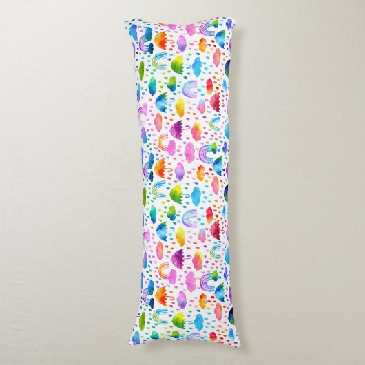 ウォーターカラーレインボー傘雨の日の女の子 ボディピロー (正面縦)