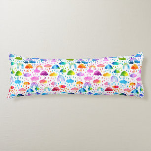 ウォーターカラーレインボー傘雨の日の女の子 ボディピロー