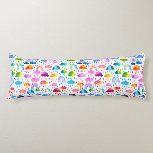 ウォーターカラーレインボー傘雨の日の女の子 ボディピロー (正面)