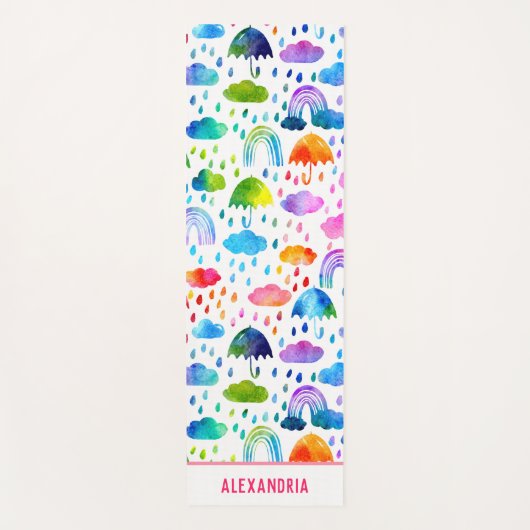 ウォーターカラーレインボー傘雨の日の女の子 ヨガマット (正面)