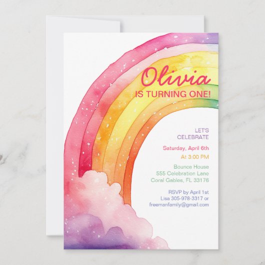 ウォーターカラーレインボー子供の誕生日パーティー招待状 招待状 (正面)