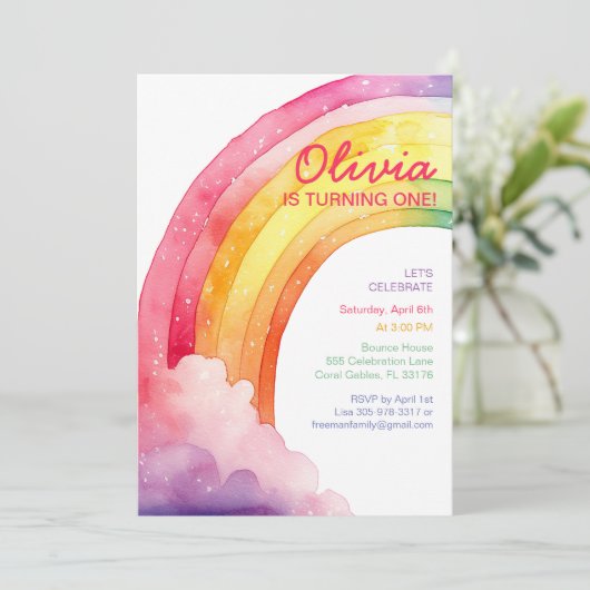 ウォーターカラーレインボー子供の誕生日パーティー招待状 招待状 (スタンド正面)