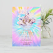 ウォーターカラーレインボー絞り染めキャッスル誕生日 招待状 (スタンド正面)