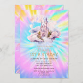 ウォーターカラーレインボー絞り染めキャッスル誕生日 招待状 (正面/裏面)
