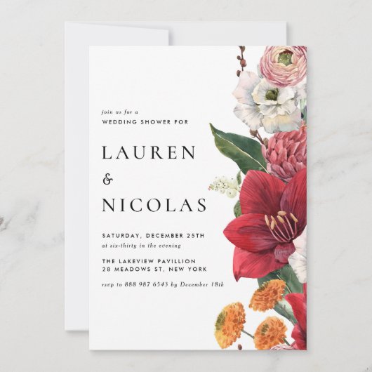 ウォーターカラーレッドアマリリスボタニカルウェディングシャワー 招待状 (正面)