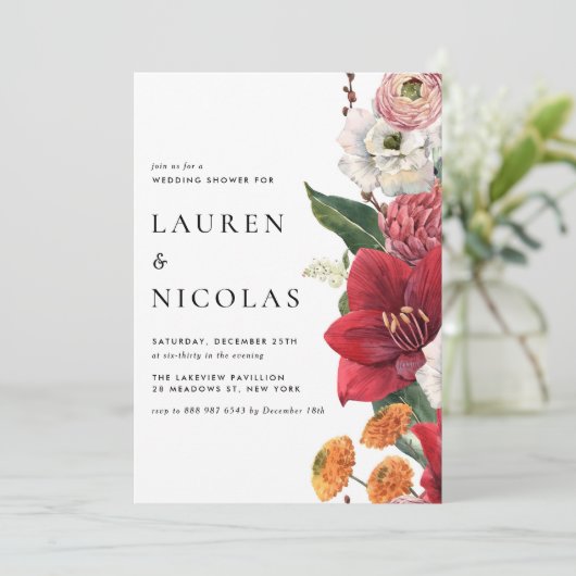 ウォーターカラーレッドアマリリスボタニカルウェディングシャワー 招待状 (スタンド正面)