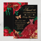 ウォーターカラーレッドグリッタードレス&バラSweet sixteen 招待状 (正面/裏面)