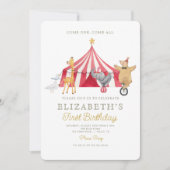 ウォーターカラーレッドサーカスカーニバルベビー誕生日 招待状 (正面)