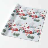 ウォーターカラーレッドノルディックハウス雪だるまクリスマス ラッピングペーパー (アンロールド)