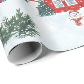 ウォーターカラーレッドノルディックハウス雪だるまクリスマス ラッピングペーパー (ロールコーナー)