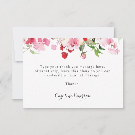 ウォーターカラーレッドピンクローゼスブライダルシャワー サンキューカード (裏面)