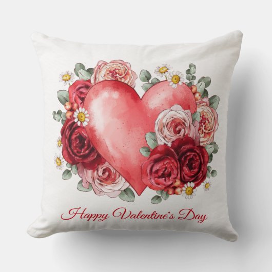 ウォーターカラーレッドフローラハートlシックヴァレンティーンズデイ クッション (正面)