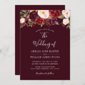 ウォーターカラーレッドブルゴーニュフローラ結婚式招待状 招待状 (正面/裏面)