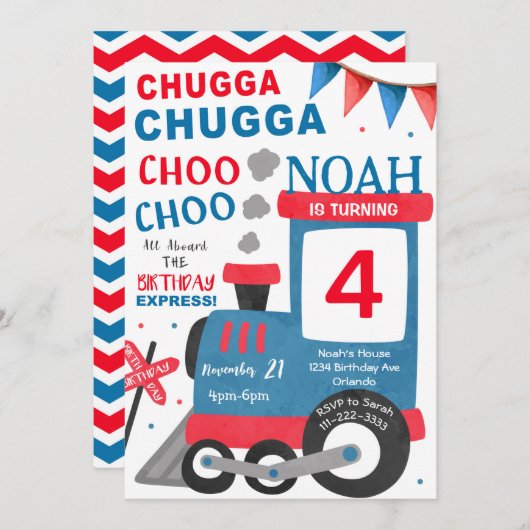 ウォーターカラーレッドブルートレイン誕生日招待状 招待状 (正面/裏面)