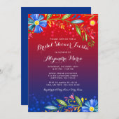 ウォーターカラーレッドブルーフローラフェスタブライダルシャワー 招待状 (正面/裏面)