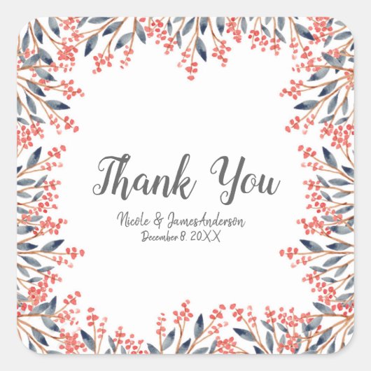 ウォーターカラーレッドホリデーウィンターベリー結婚ズ スクエアシール (正面)