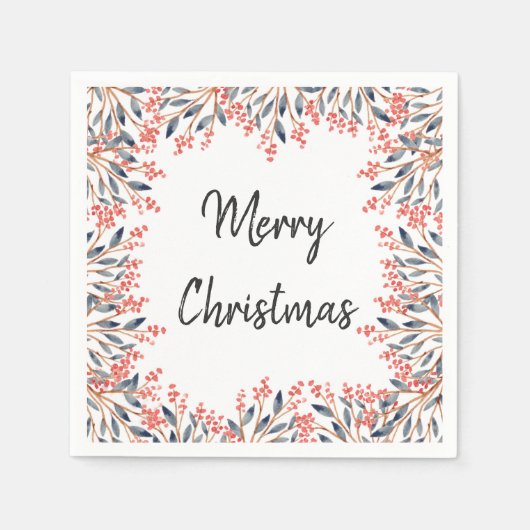 ウォーターカラーレッドホリデーパーティーウィンターベリー葉ズ スタンダードカクテルナプキン (正面)