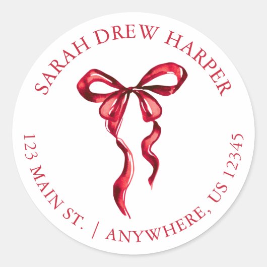 ウォーターカラーレッドボウ差出人住所 ラウンドシール (正面)