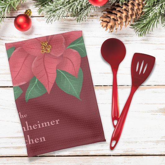 ウォーターカラーレッドポインセティアスファミリーホリデーデコール キッチンタオル