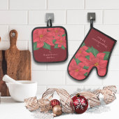 ウォーターカラーレッドポインセティアスファミリーホリデー 鍋つかみ&鍋敷きセット