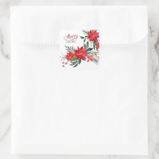 ウォーターカラーレッドポインセティアブーケホリデー スクエアシール (バッグ)