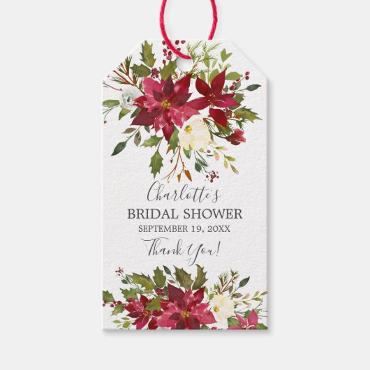 ウォーターカラーレッドポインセティアホリーブライダルシャワー ギフトタグ (正面)
