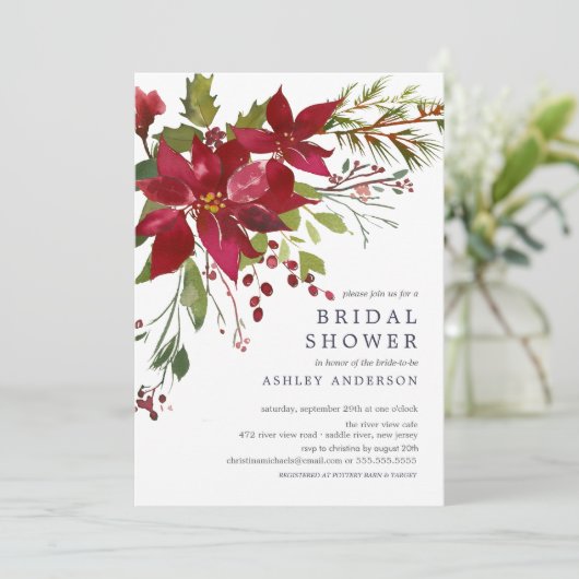 ウォーターカラーレッドポインセティアホリーブライダルシャワー 招待状 (スタンド正面)