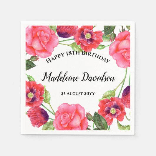 ウォーターカラーレッドポピズピンクローズリースデザイン スタンダードカクテルナプキン (正面)