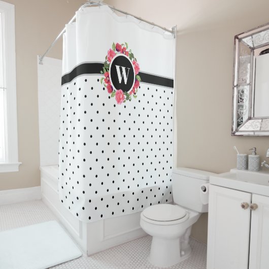 ウォーターカラーレッドポピズピンクローズリースモノグラム シャワーカーテン (インサイチュ)