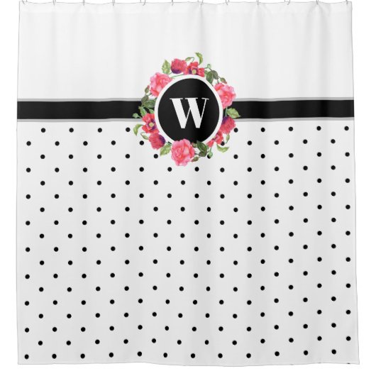 ウォーターカラーレッドポピズピンクローズリースモノグラム シャワーカーテン (正面)