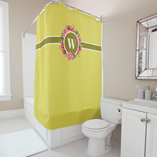 ウォーターカラーレッドポピズピンクローズリースモノグラム シャワーカーテン (インサイチュ)