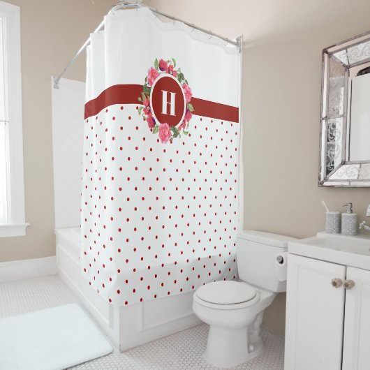 ウォーターカラーレッドポピズピンクローズリースモノグラム シャワーカーテン (インサイチュ)