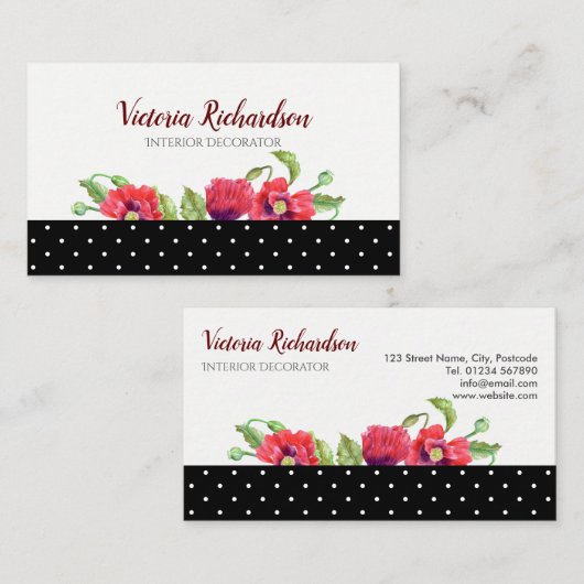 ウォーターカラーレッドポピーズフローラデザイン 名刺 (正面/裏面)